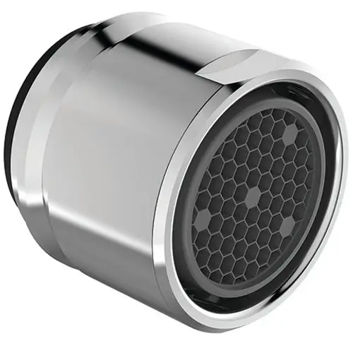 Chromfarbener Luftsprudler von Ideal Standard mit einer runden Form und einer perforierten, hexagonalen Struktur auf der Vorderseite zur Luftzufuhr.